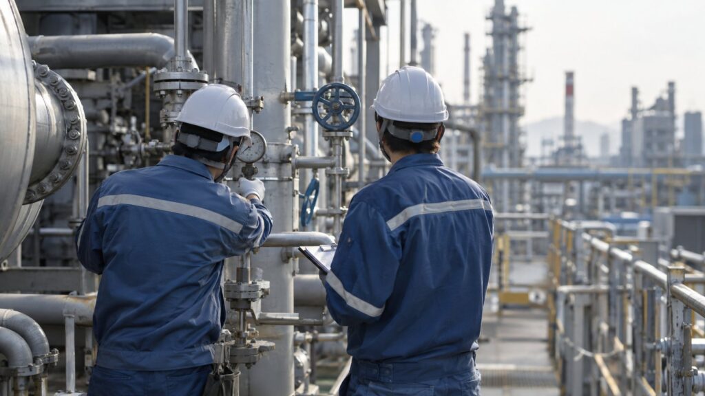配管とバルブを点検する日本人保全技術者