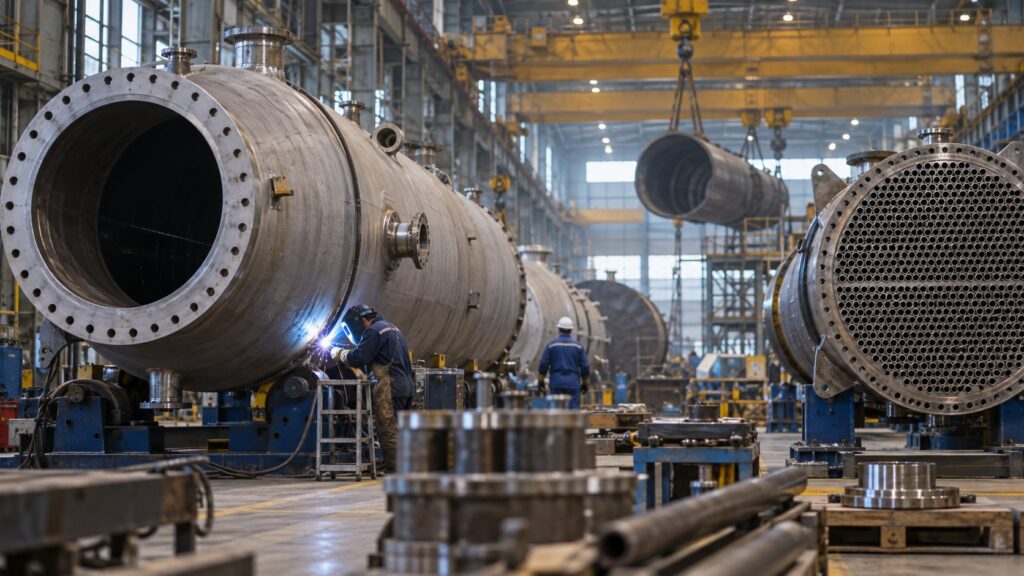 工場内で製作中の大型圧力容器と熱交換器