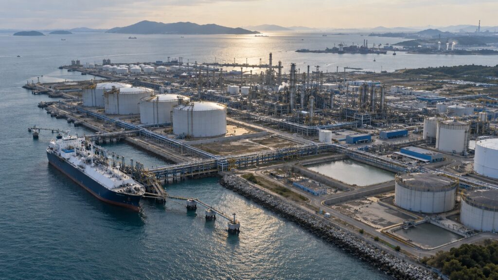 港湾に面した大規模な石油化学コンビナート