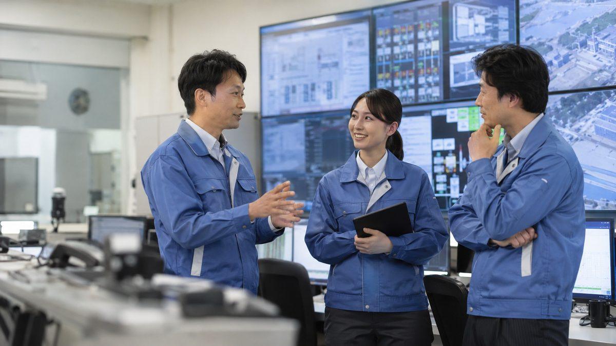 中央制御室で打ち合わせをするプラントエンジニア