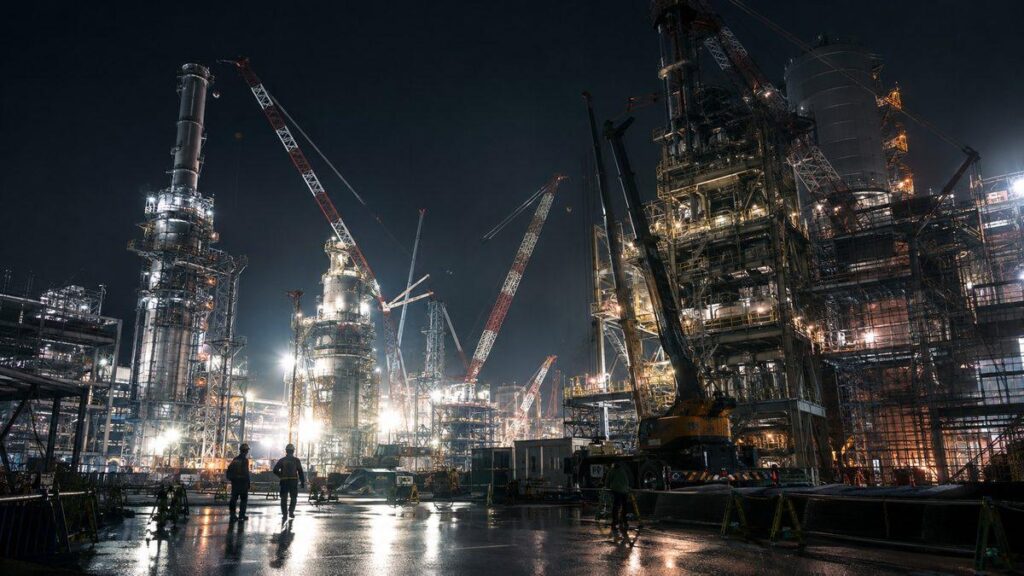 夜間も作業が続くプラント建設現場とクレーン