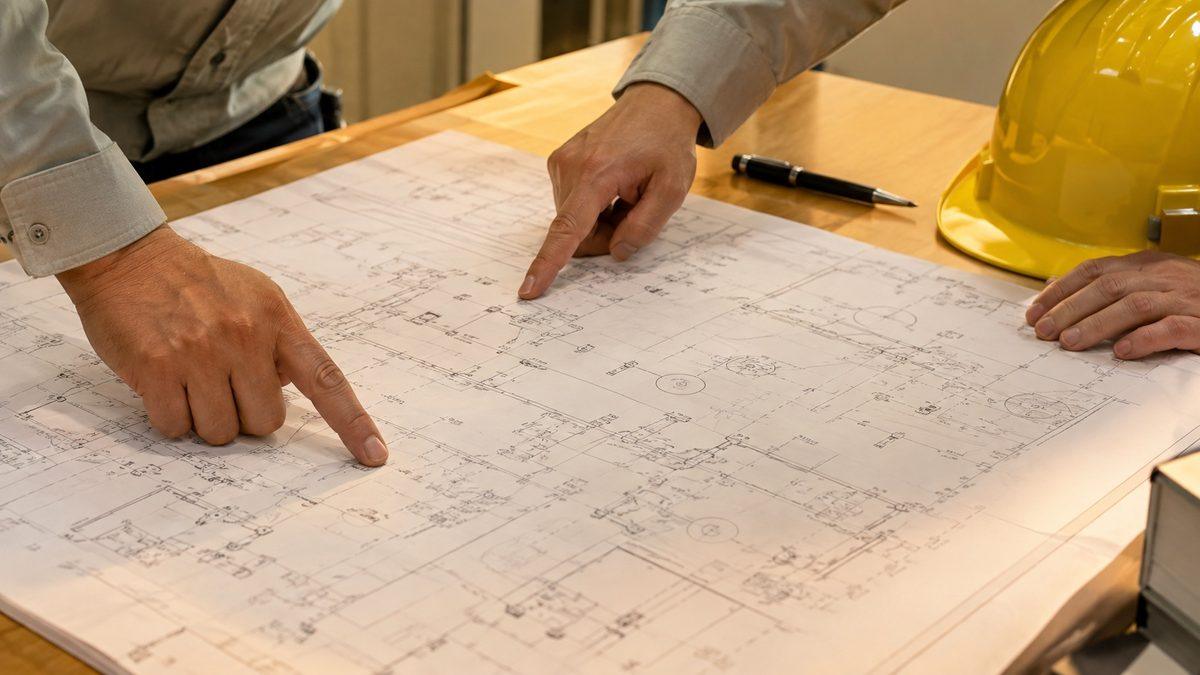 図面を確認するプラントエンジニアの手元