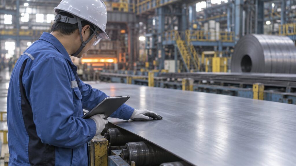 鋼材の検査結果を確認する技術者