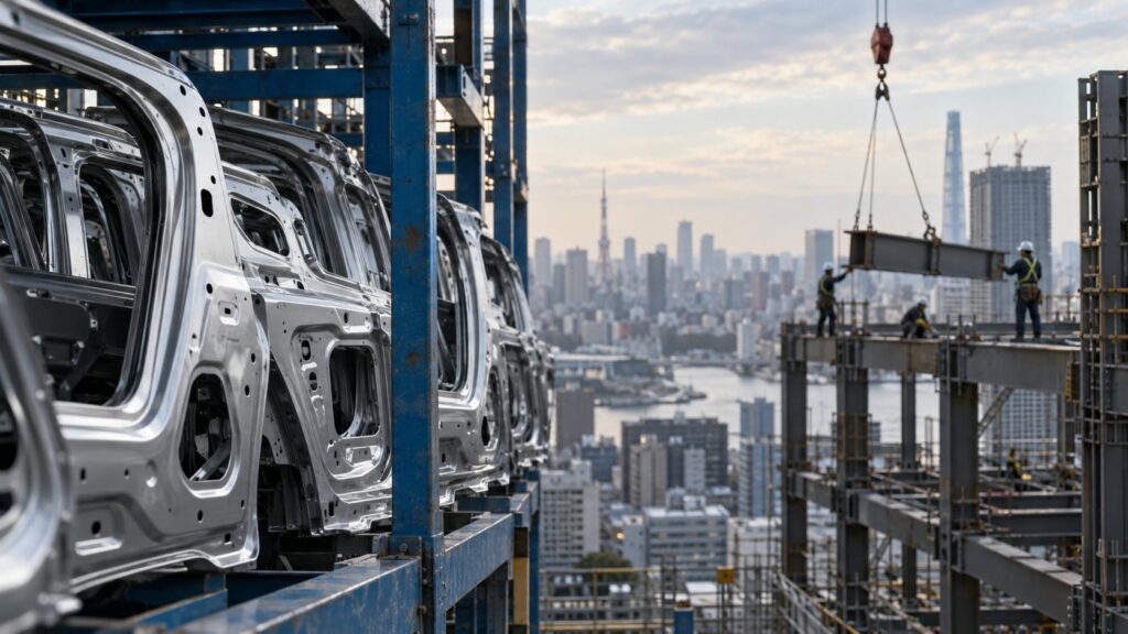 自動車用鋼板と高層建築の鉄骨施工