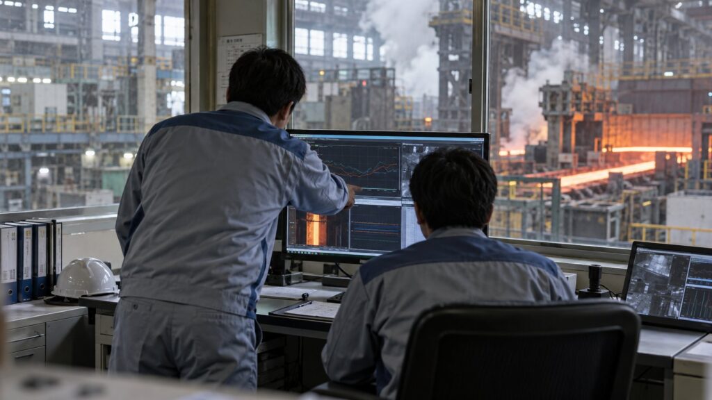 製鉄所の生産データを確認する技術者