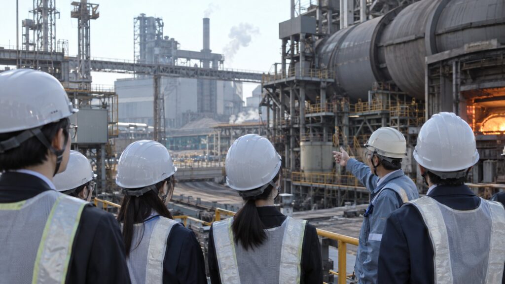 製鉄所で設備説明を受ける若手社員と技術者
