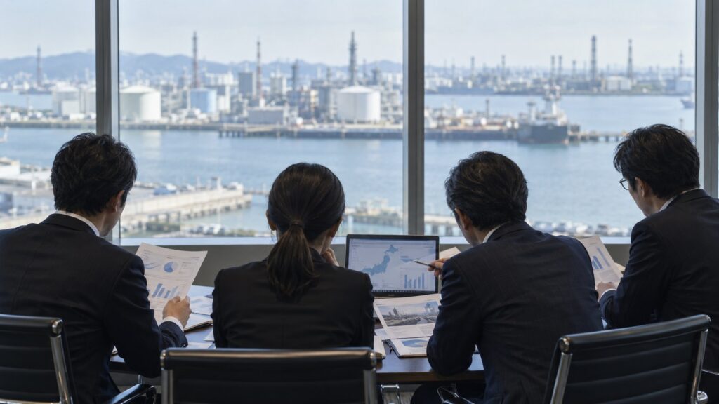 工業地帯を望む会議室で資料を確認する社員