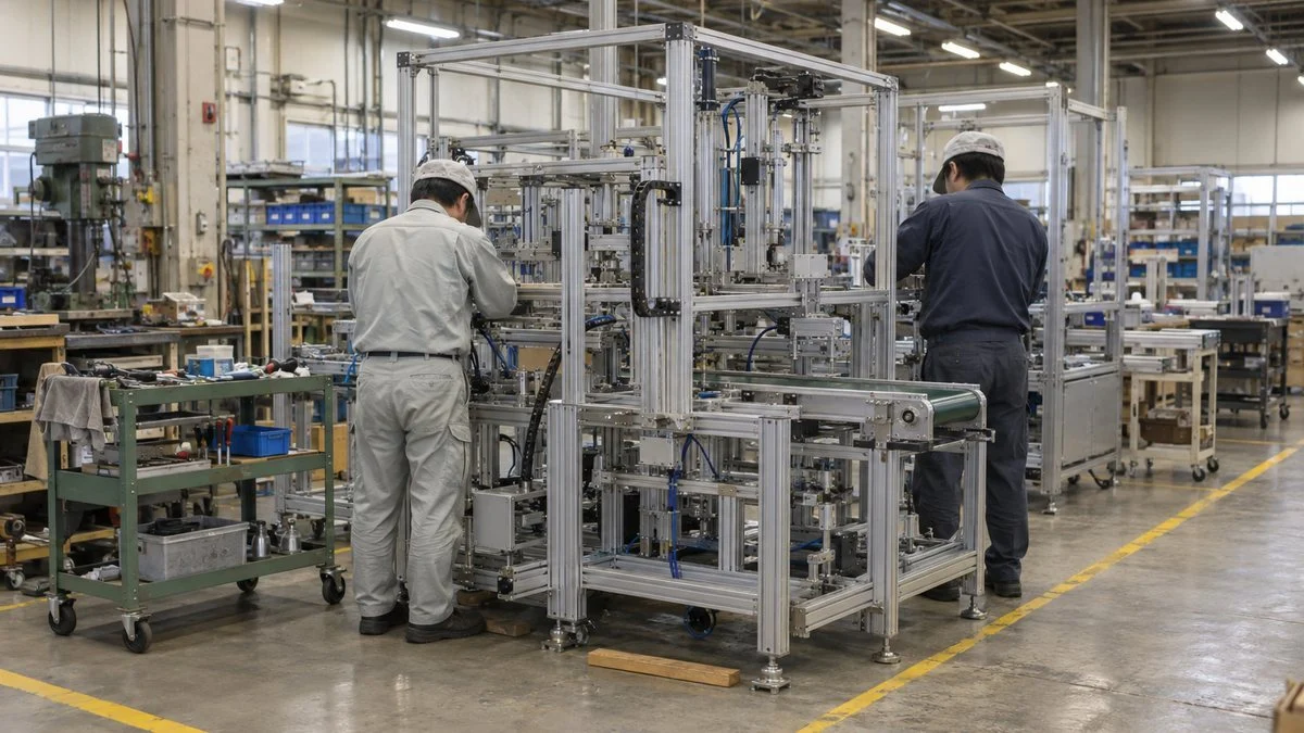 組立途中の自動化設備を組み立てる作業者