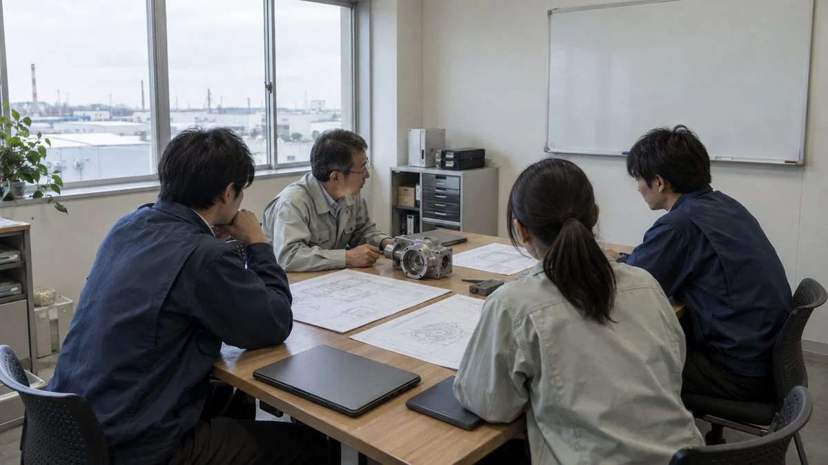 図面と試作品を囲んで打ち合わせをする技術者