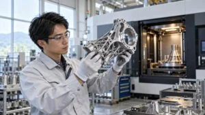 金属3Dプリンターで造形した複雑な部品を検査する技術者
