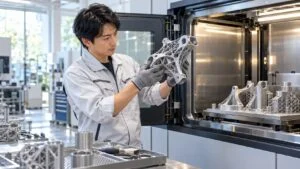 産業用3Dプリンターで造形した部品を確認する技術者