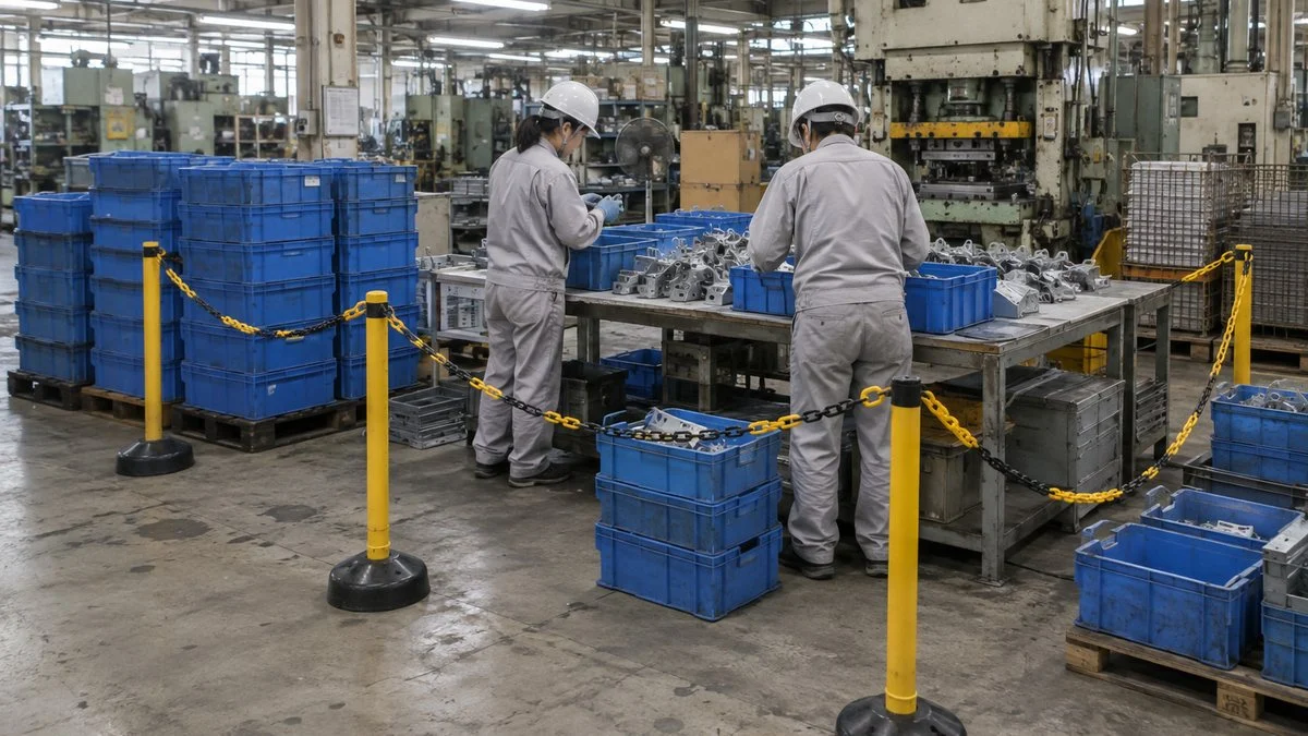 隔離エリアで疑わしい部品を選別する作業者
