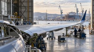 旅客機の主翼組立ラインと造船所のドックを思わせる大型構造物