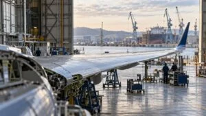旅客機の主翼組立ラインと造船所のドックを思わせる大型構造物