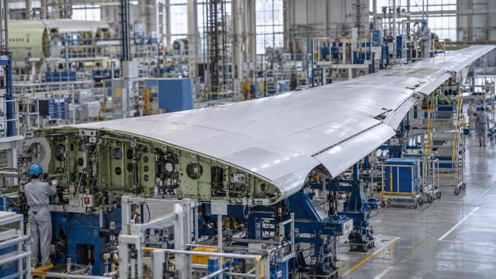 航空機工場で組み立てられる大型主翼