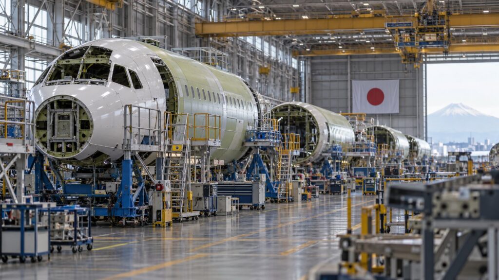 航空機の胴体が並ぶ日本の航空機組立工場