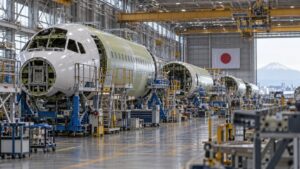 航空機の胴体が並ぶ日本の航空機組立工場