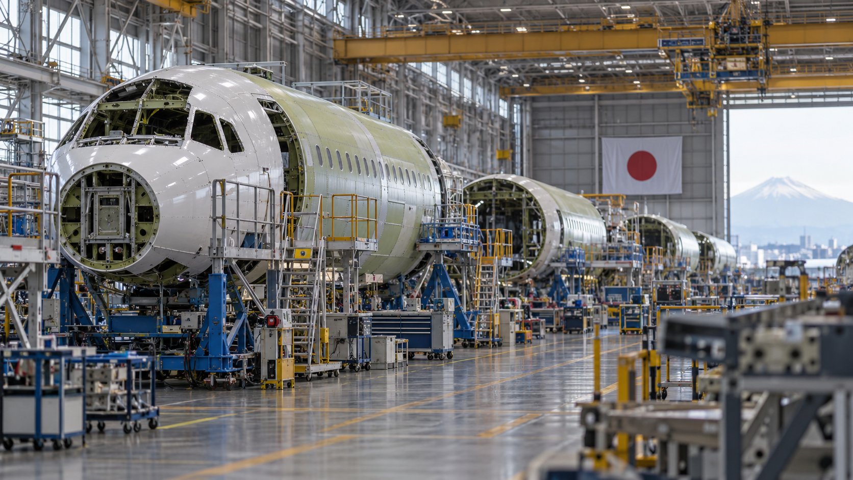 航空機の胴体が並ぶ日本の航空機組立工場