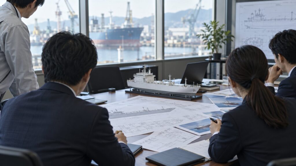 船舶設計図を確認する日本人社員の会議風景