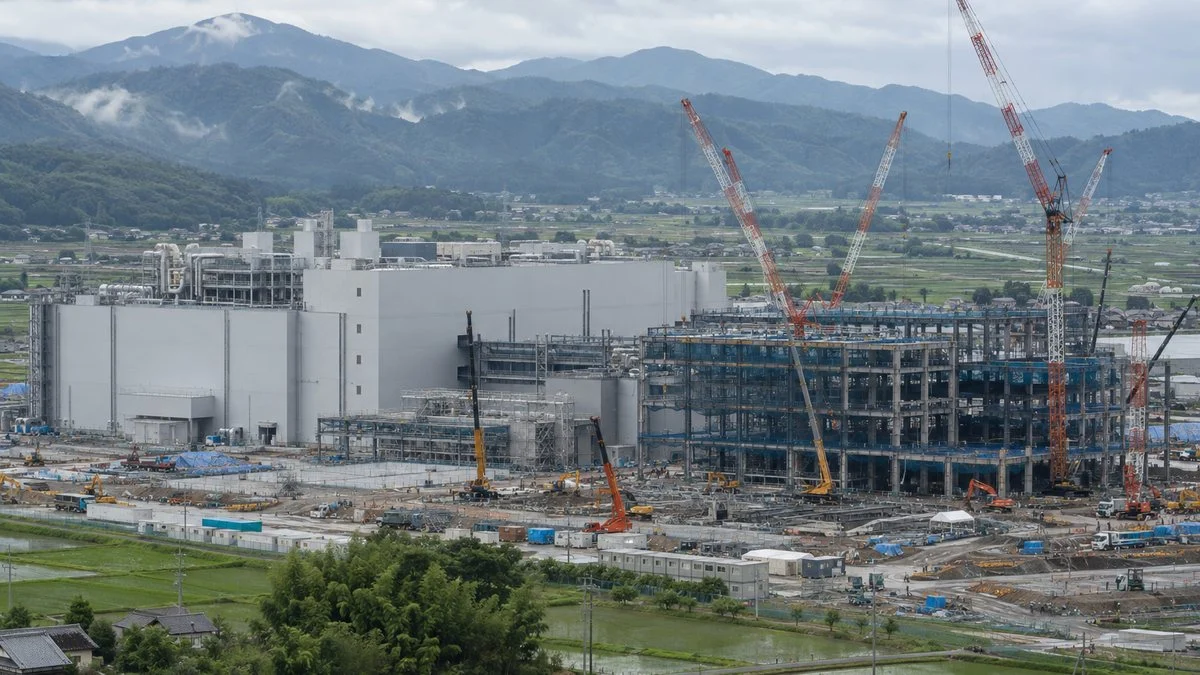 建設が進む半導体工場の新棟とクレーン