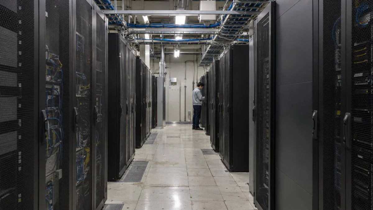 データセンターに並ぶサーバーラックの通路