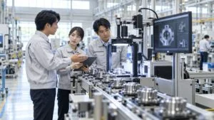 生産ラインのAI外観検査装置の前で話す技術者たち