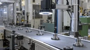 コンベヤ上の金属部品を撮影する検査用カメラとリング照明