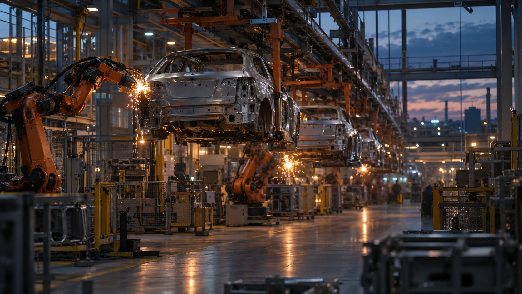 夕暮れの自動車組立工場で車体が並ぶ生産ライン