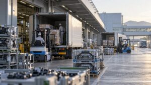 朝の自動車工場で部品を荷下ろしする物流現場