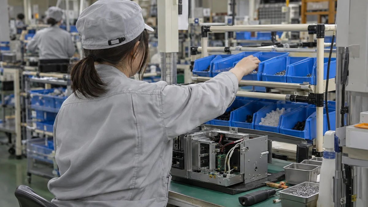 青い部品箱から部品を取り出して制御ユニットを組み立てる作業者