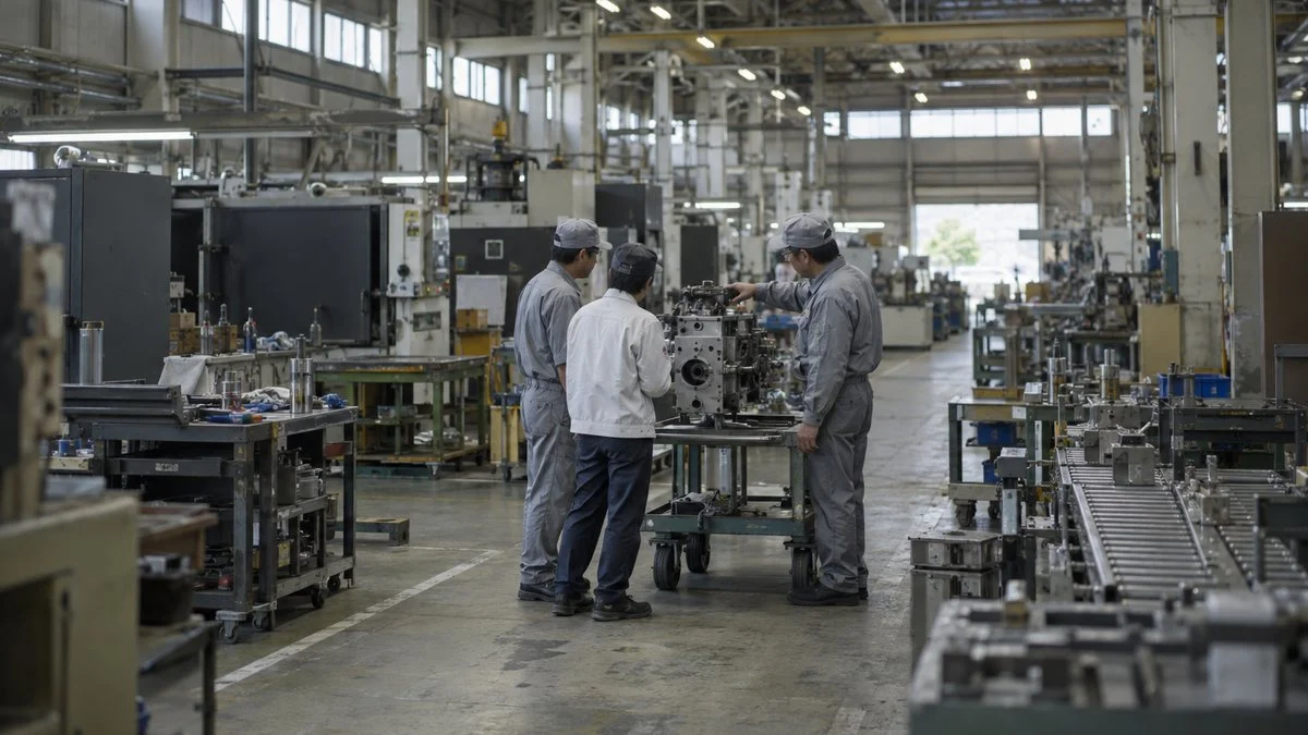 組立ラインの横で試作ユニットを囲んで話し合う設計者と製造担当者