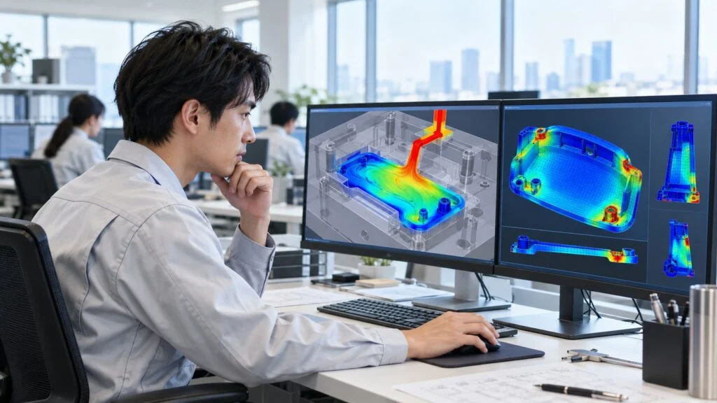 樹脂部品の流動や強度の解析結果を確認する解析技術者