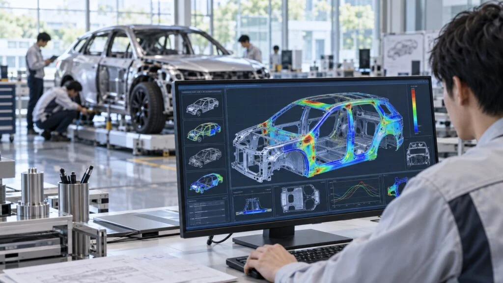 車体の解析画面と試作車両がある開発拠点