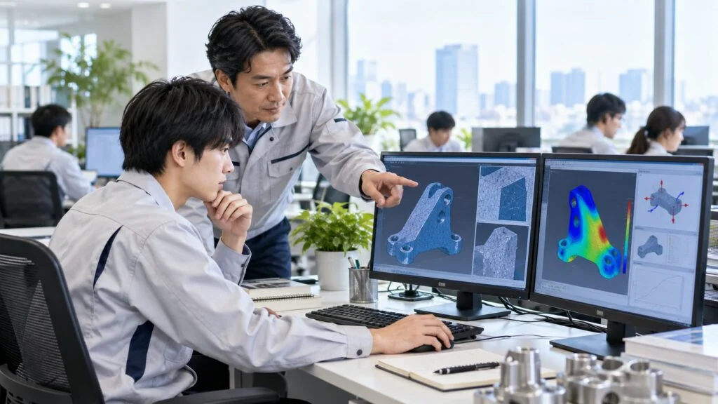 ワークステーションでCAEの操作を学ぶ若手技術者と先輩