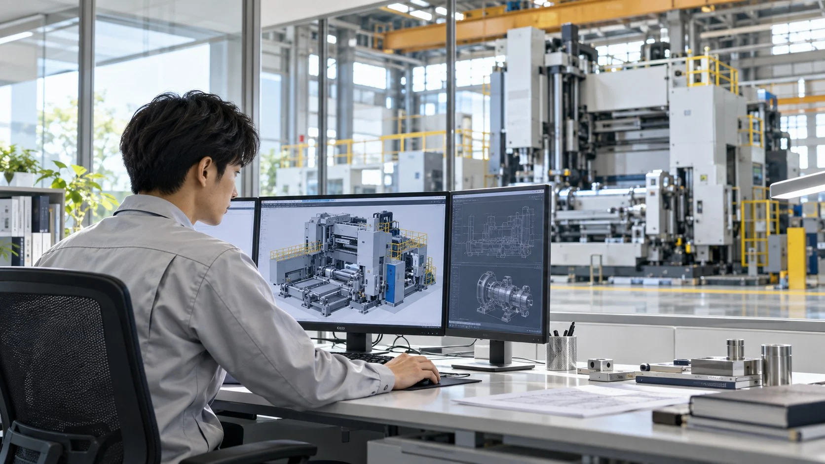 産業機械の3Dモデルを確認する設計室の技術者