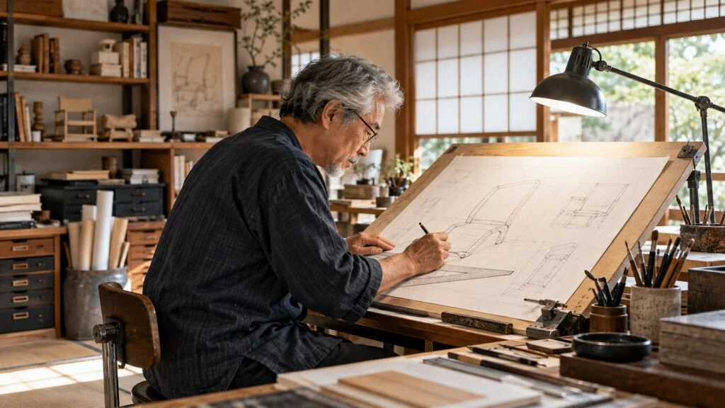 製図台で手書きの図面を描くベテラン設計者
