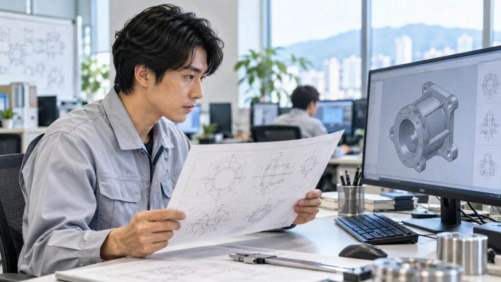 紙の図面と3Dモデルを見比べる設計者