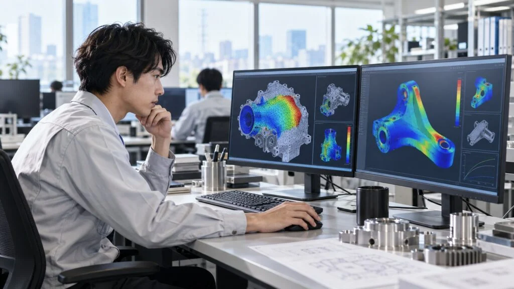 ワークステーションで解析結果を検証する若手技術者