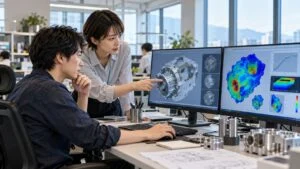 3Dモデルと解析結果を見ながら議論する設計者と解析技術者