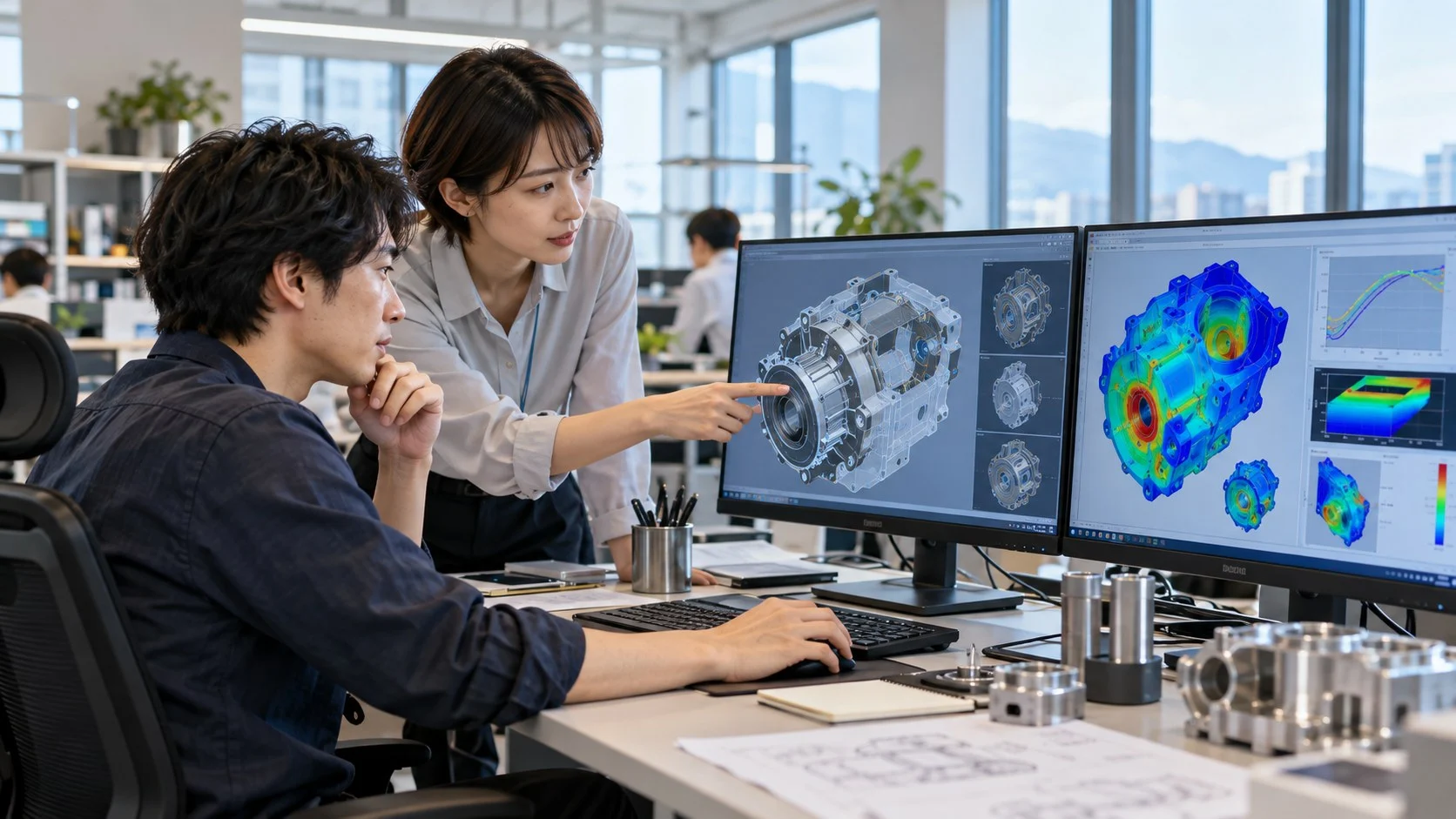 3Dモデルと解析結果を見ながら議論する設計者と解析技術者