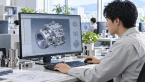 大型モニターで機械部品の3D CADモデルを操作する設計者