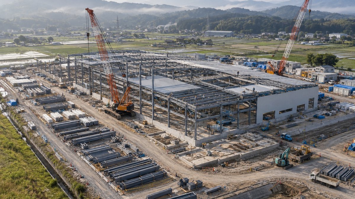 地方の工業団地で進む新工場の鉄骨建設現場の空撮