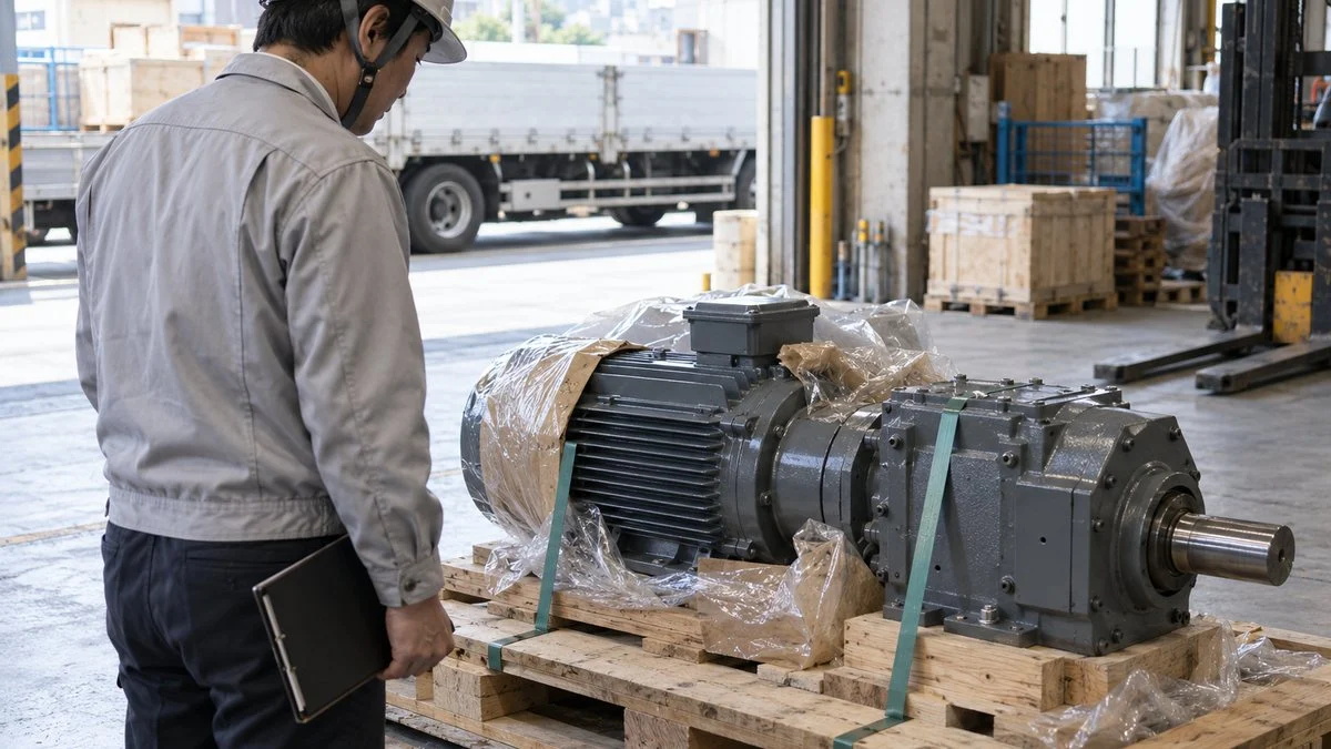 荷受場で納入されたモーターと減速機を確認する技術者
