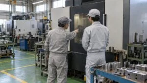工場でマシニングセンタの前に立ち、先輩から説明を受ける新人作業者