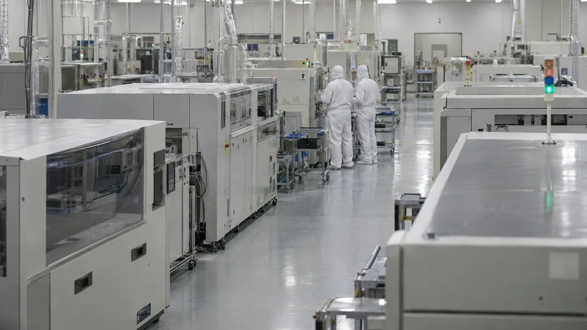 クリーンルームで製造装置を確認する作業者の後ろ姿