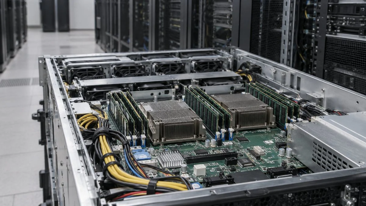 データセンターで開いたサーバー筐体のマザーボード