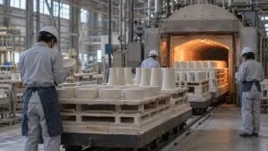焼成炉の前で製品を確認する窯業工場の作業者