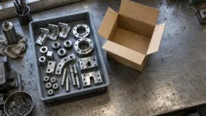 部品トレーに並ぶ金属部品と出荷用の段ボール箱