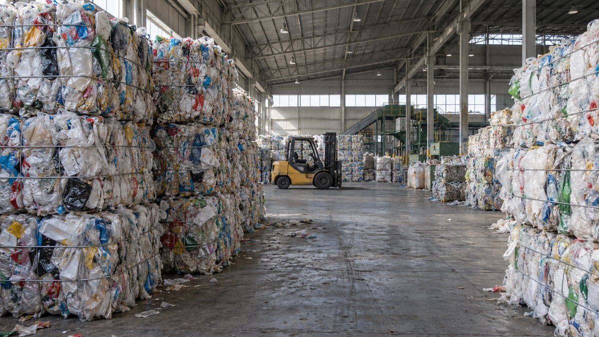倉庫に積み上げられた使用済みプラスチック容器包装の圧縮ベール