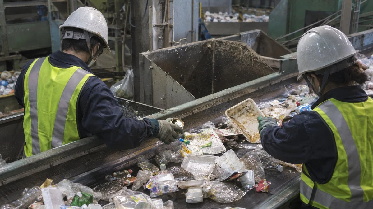 選別ラインのコンベヤで廃プラスチックから異物を取り除く作業員